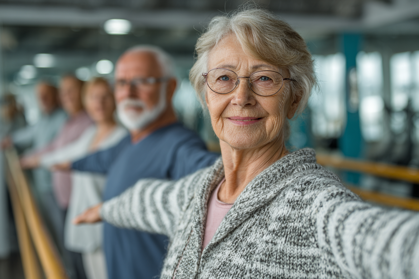 Група людей старшого віку займається фітнесом у затишній студії